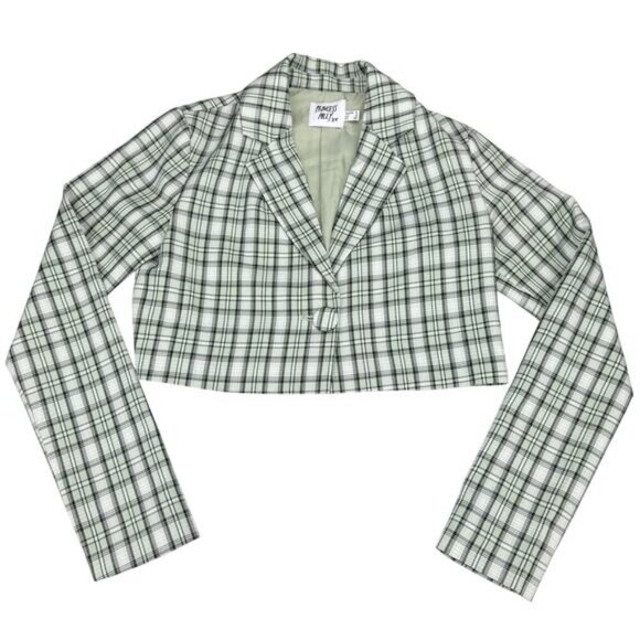 PRINCESS POLLY Sierra One Button Cropped Blazer Sz 0 Green Plaid Check - Picture 2 of 6